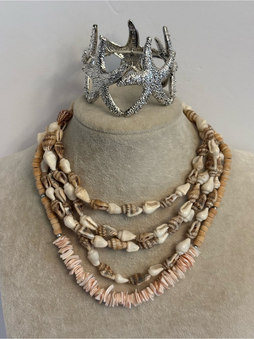 Coastal Jewelry Set Shell Necklaces & Silver Starfish Cuff Bracelet Bundle